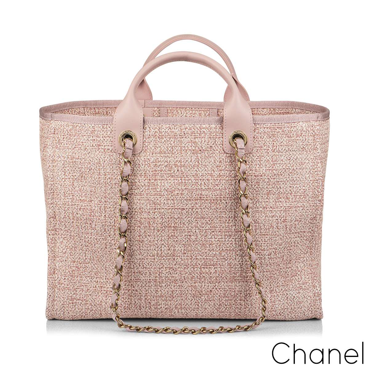 Chanel Large Deauville Tote Pink Tweed Gold Tone Hardware